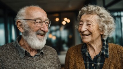 Aging couple sharing laughter in spacious and modern house