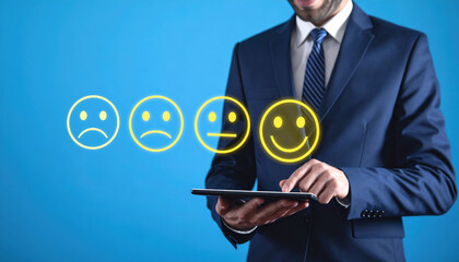 Business Professional Engaging with Feedback Icons on Digital Tablet