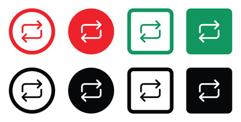 Eight retweet/repost icon variations. Two curved arrows forming a rectangle on colored backgrounds: red/green/black circles & squares. Arrows in white or red. Social media symbol.