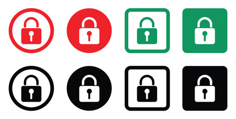Minimalist padlock icons grid. Red, green, black locks in colored circles and squares. Flat vector design, no shading. Clean layout, white background. Security concept.