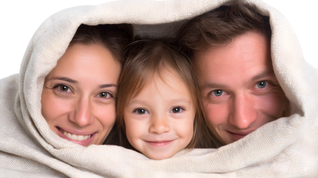 Smiling Parents and Daughter Wrapped in Blanket Close-Up