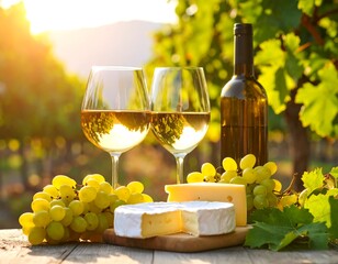 Wine and cheese in vineyard