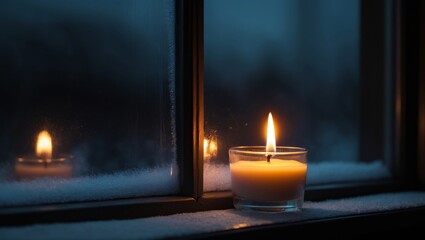 A small candle flickering gently on a windowsill at night. Its soft, warm glow contrasts with the darkness outside, casting subtle reflections on the glass. The window is slightly fogged