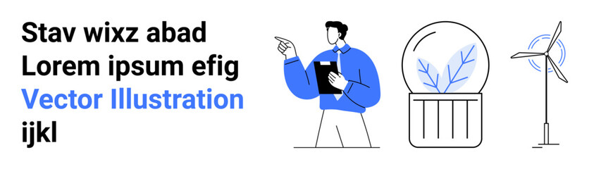 Man holding clipboard pointing at text, potted plant in glass dome, and wind turbine. Ideal for sustainability, innovation, renewable energy, greenery, presentations, eco-projects simple landing