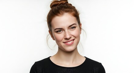 Fototapeta premium A woman with a crooked smile and raised eyebrow, expressing sarcasm, isolated on a white background 