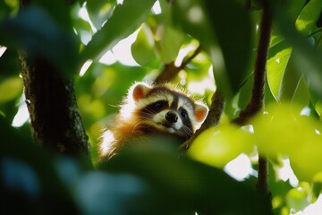 Fototapeta premium A raccoon peeks through lush green leaves in a sunlit forest, showcasing its curious nature