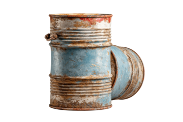 PNG Rusty blue metal barrel with oxidation on black background