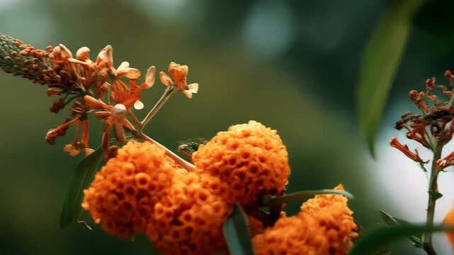 Detailed close-up showcases vibrant orange buddleja flowers in bloom, green leaves and branch against a dark background with soft focus for floral design.