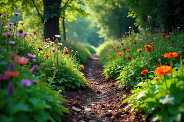 Fototapeta premium Overgrown garden undergoing a clearance, revealing hidden pathways and vibrant wildflowers amidst the debris Before and after transformation visible Ready for revitalization , mowing, wildflowers