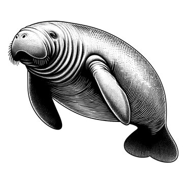 West Indian manatee illustration. Detailed manatee  engraving drawing shows graceful aquatic mammal. This manatee image is perfect for educational materials, nature documentaries,