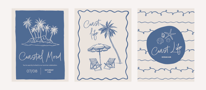Tropical invitation template set. Event poster design. Summer holiday drawings. Coastal card set. Hand drawn illustration of palm island. Ink doodle style sketch.