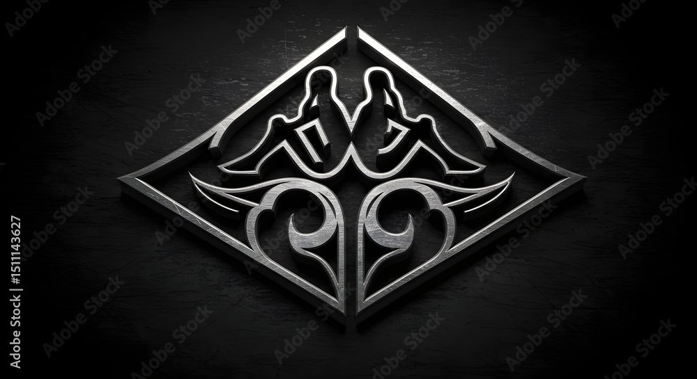 Poster elegant emblem design, features a refined, symmetrical artistic symbol on a dark, textured surface. 