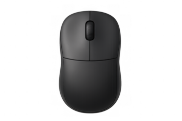 Black wireless computer mouse resting on a transparent background, highlighting its modern design and ergonomic shape for efficient control