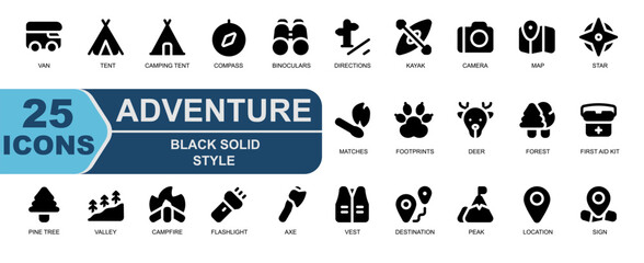 Bold and simple solid-style icons representing essential outdoor and travel elements. Great for product labels,adventure branding,and camping merchandise. Features campfire,camera,road,tree,jacket,and
