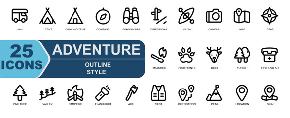 A collection of adventure-themed outline icons,perfect for hiking maps,navigation apps,and outdoor exploration designs. Includes icons such as compass,kayak,mountain,axe,location,and directions. 