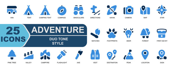 Duotone vector icons designed for forest adventures,nature exploration,and wilderness guides. Includes deer,forest,first aid kit,pine tree,destination,and mountain peak. Ideal for educational content,