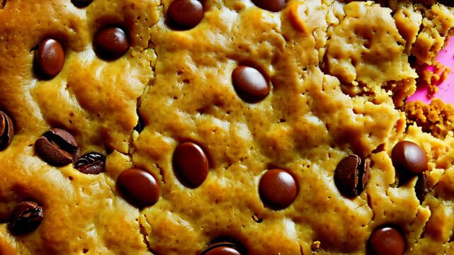 Large round chocolate chip cookie with a bite taken out, resting on a bright pink background with visible chocolate morsels and golden baked texture