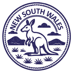 New South Wales, Australia stamp with kangaroo illustration, vintage travel stamp on transparent background, vector blue