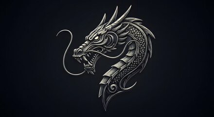 Magnificent silver dragon with intricate design on a dark background, embodying power, wisdom, and majesty.