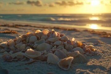 A vibrant sunset over a beach, showcasing a pile of seashells on the sandy shore