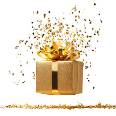 Golden gift box with confetti, cut out