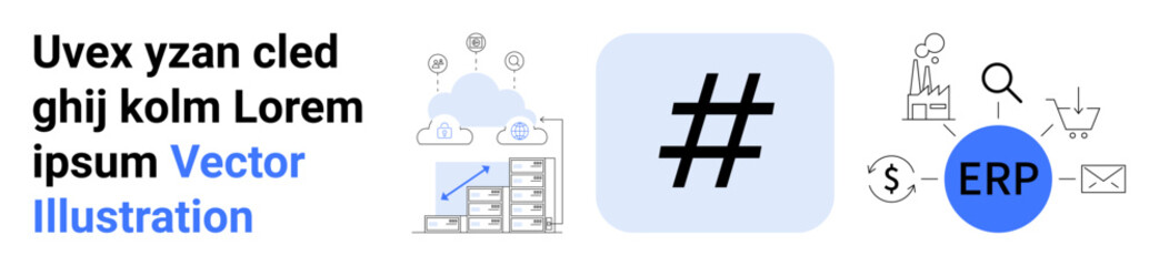 metadata tag and ERP icons, data charts, cloud server, magnifying glass, and shopping cart. Ideal for business, analytics, cloud, data infrastructure enterprise simple landing page