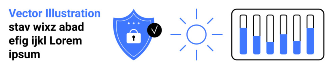Shield with a lock icon emphasizing protection, sun symbol for clarity or energy, and bar chart indicating analysis or progress. Ideal for cybersecurity, data management, energy savings, clarity