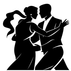 A couple gracefully dancing in a tango embrace, depicted in a stylish black silhouette illustration.