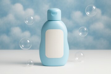 Baby shampoo or body wash bottle floating with soap bubbles on cloudy sky background
