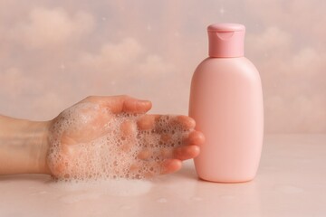 Hand showing foam next to pink plastic bottle on pink background