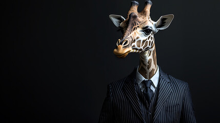 Fashion and business concept, giraffe character in a pinstripe suit, sophisticated and refined atmosphere