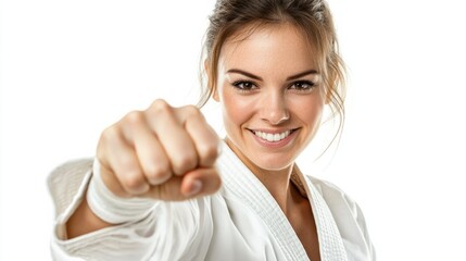 Smiling woman in white karate gi, waist-up, performing a basic punch, generative ai
