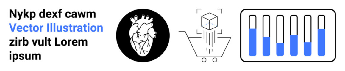 Heart design in a dark circle, cube in shopping cart, and a set of test tubes partially filled. Ideal for healthcare, innovation, science, research, e-commerce, education simple landing page