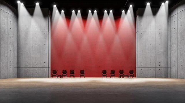 Red Stage and Concrete Walls: A Minimalist Theater Design