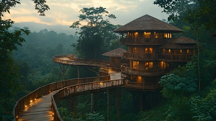 Fototapeta premium Luxurious treetop house with winding walkway at dusk.