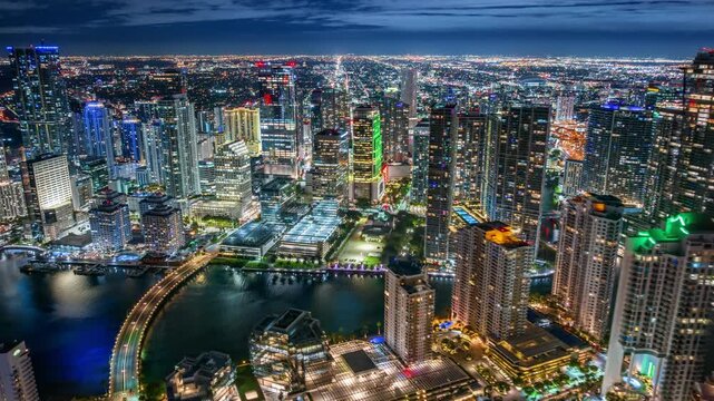 This mesmerizing hyperlapse captures the stunning essence of Downtown Miami and Brickell Key, showcasing the vibrant city lights and the dynamic skyline illuminated beautifully at night