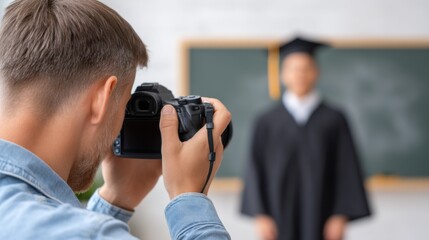 Fototapeta premium Photographer taking picture of graduate in classroom, in front of chalkboard, blurred background.