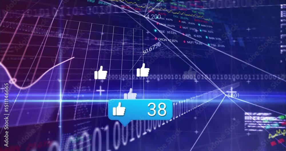 Poster on spawning thumbs-up icon blue bubble updating count while icons flowing on grid showing analytics