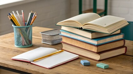 Still life of books pencils and notebooks on a wooden surface