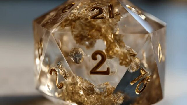 Close-up of a transparent twenty-sided die with golden accents, numbers and glittery inclusions on a neutral surface, game concept.