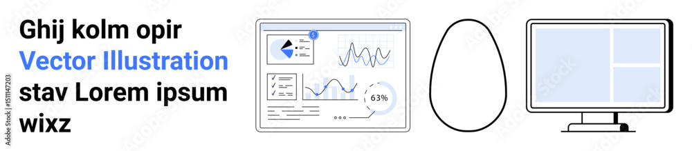 Poster data dashboard featuring graphs and charts, simple egg outline, desktop window design. ideal for ana
