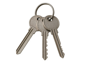 Three metal keys hanging from a steel ring on a transparent background, creating a simple yet effective image
