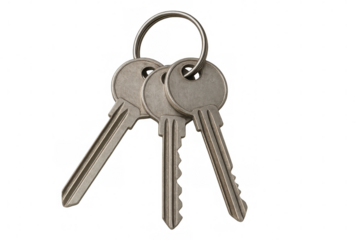 Three metal keys hanging from a steel ring on a transparent background, creating a simple yet effective image