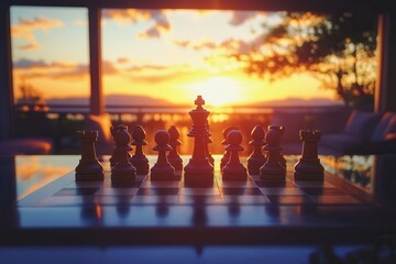 Chess pieces strategically arranged on a table during a vibrant sunset, creating a serene atmosphere