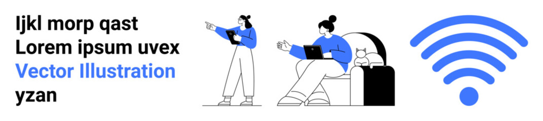 Two individuals interact with tablets and laptops, emphasizing connectivity, framed by a prominent wireless symbol. Ideal for technology, communication, remote work, digital lifestyle, online