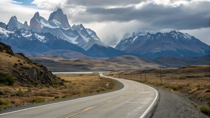 Road leading to snow capped mountains under cloudy sky scenery