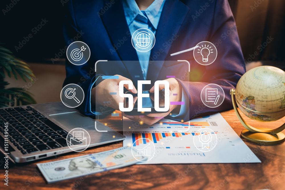 Poster seo concept. professional business person analyzing data and strategies for search engine optimizati