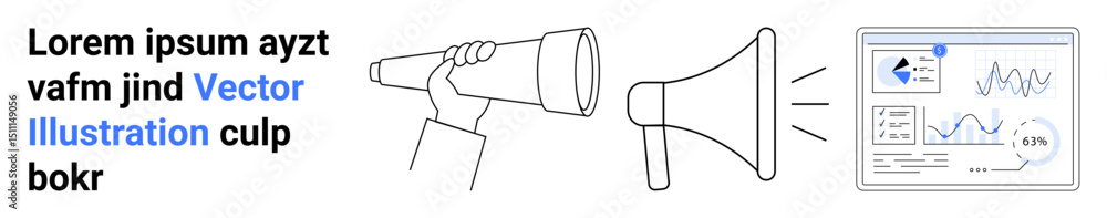 Poster hand holding a telescope, a megaphone projecting toward a digital dashboard with analytics and chart