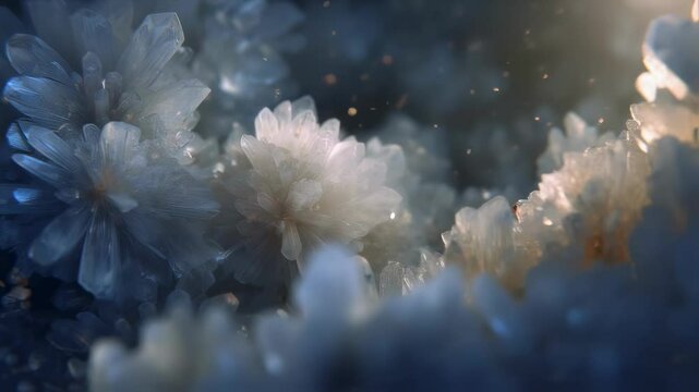 Protein crystals are growing in a crystallization chamber, illuminated by soft, diffused light, emphasizing their delicate structure and growth process