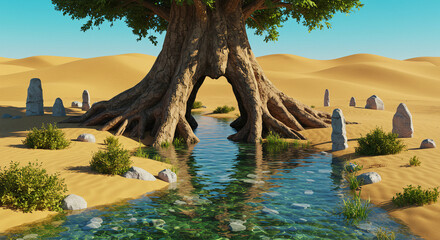 the river and tree in the desert